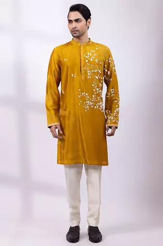 Mustard yellow embroidered chanderi silk kurta set
