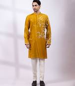 Mustard yellow embroidered chanderi silk kurta set