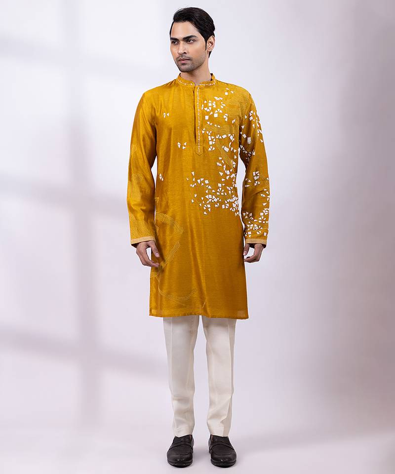 Mustard yellow embroidered chanderi silk kurta set