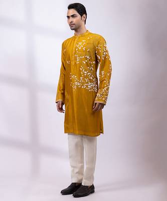 Mustard yellow embroidered chanderi silk kurta set 2