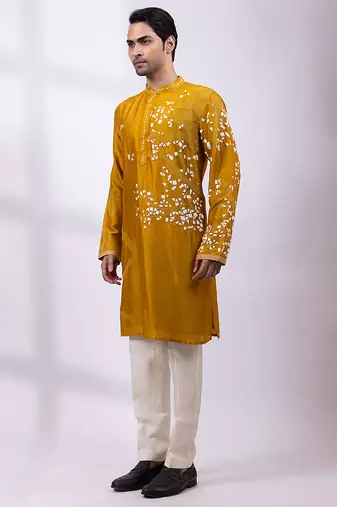 Mustard yellow embroidered chanderi silk kurta set