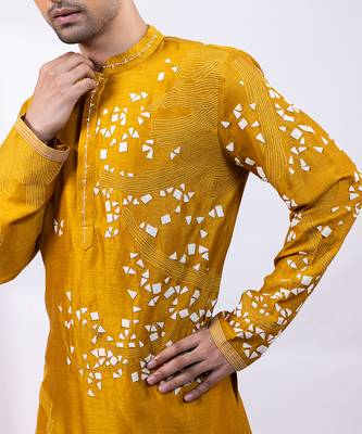 Mustard yellow embroidered chanderi silk kurta set 3