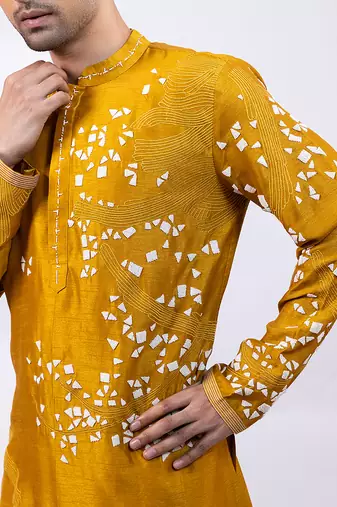 Mustard yellow embroidered chanderi silk kurta set