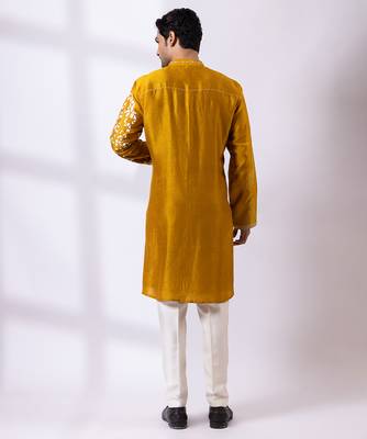 Mustard yellow embroidered chanderi silk kurta set 4