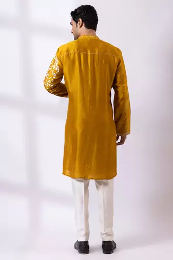 Mustard yellow embroidered chanderi silk kurta set