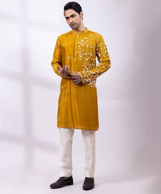 Mustard yellow embroidered chanderi silk kurta set 5