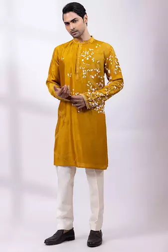 Mustard yellow embroidered chanderi silk kurta set
