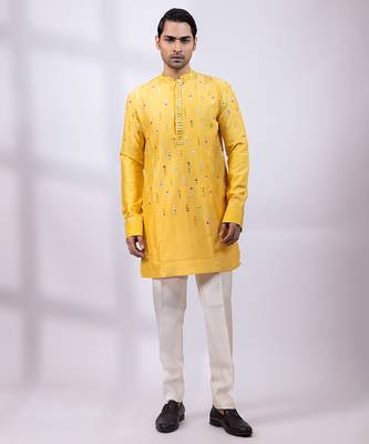 Yellow embroidered chanderi silk kurta set 1