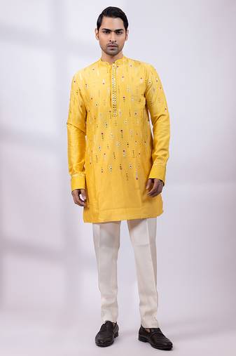 Yellow embroidered chanderi silk kurta set