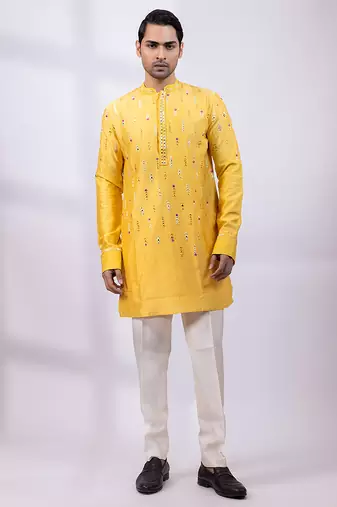Yellow embroidered chanderi silk kurta set