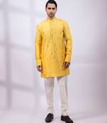 Yellow embroidered chanderi silk kurta set
