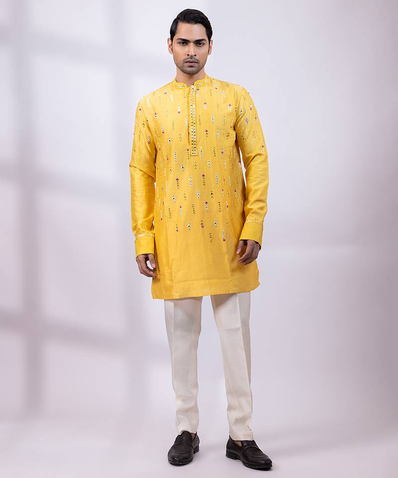 Yellow embroidered chanderi silk kurta set