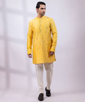 Yellow embroidered chanderi silk kurta set 2