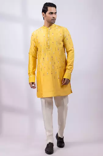 Yellow embroidered chanderi silk kurta set