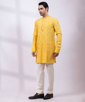 Yellow embroidered chanderi silk kurta set 3