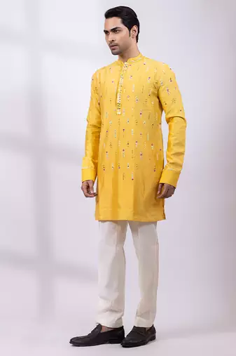 Yellow embroidered chanderi silk kurta set