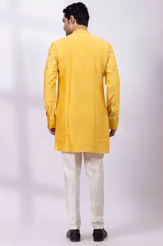 Yellow embroidered chanderi silk kurta set