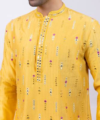 Yellow embroidered chanderi silk kurta set 5