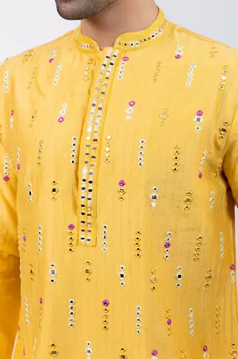 Yellow embroidered chanderi silk kurta set