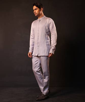 Silver grey embroidered chanderi silk kurta set 1