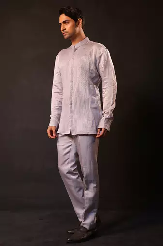 Silver grey embroidered chanderi silk kurta set