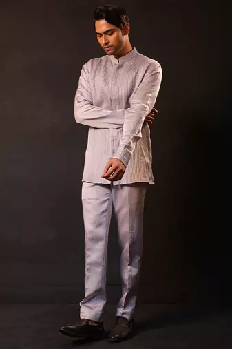 Silver grey embroidered chanderi silk kurta set
