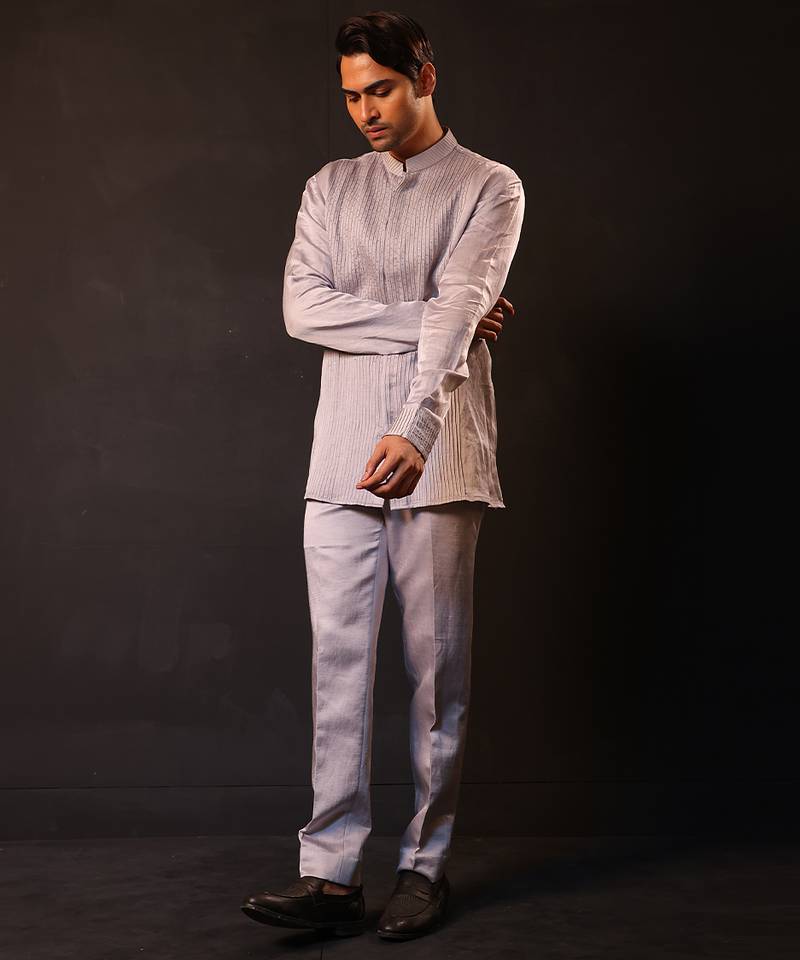 Silver grey embroidered chanderi silk kurta set