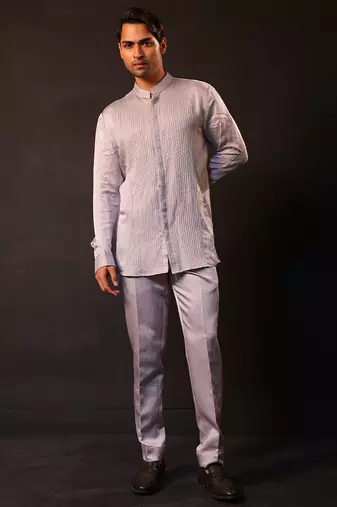 Silver grey embroidered chanderi silk kurta set