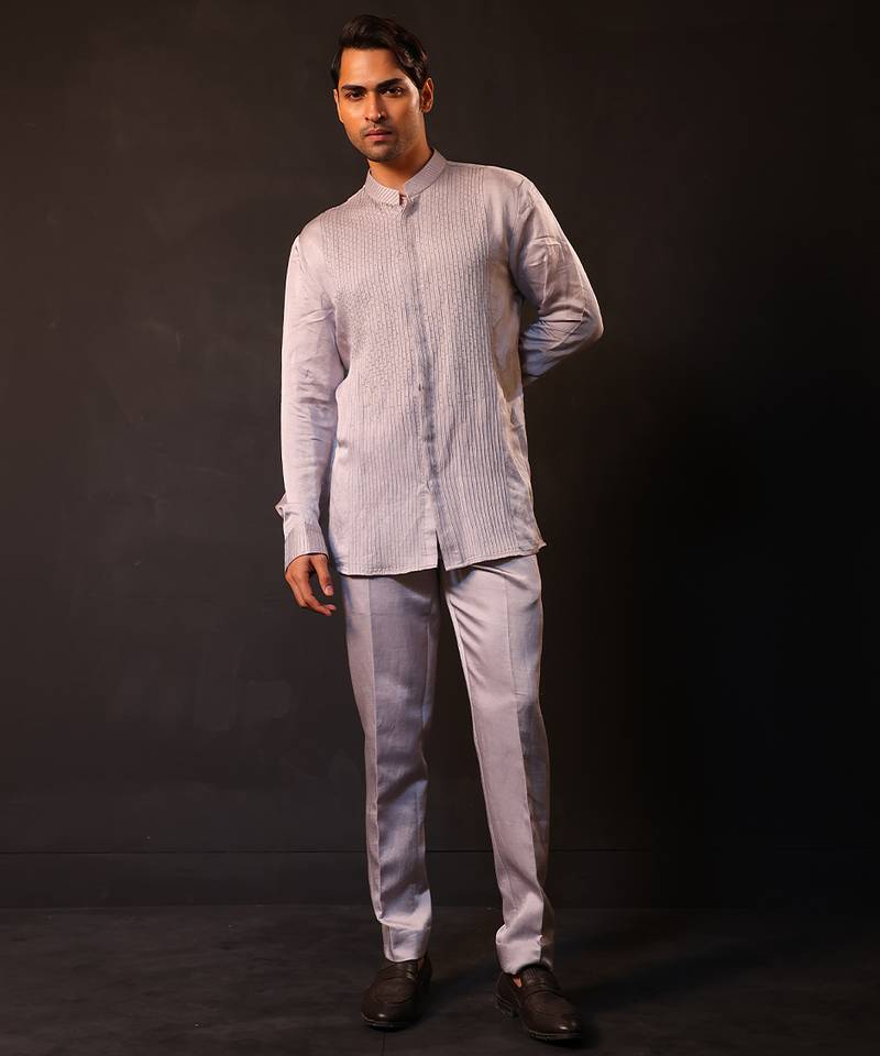 Silver grey embroidered chanderi silk kurta set