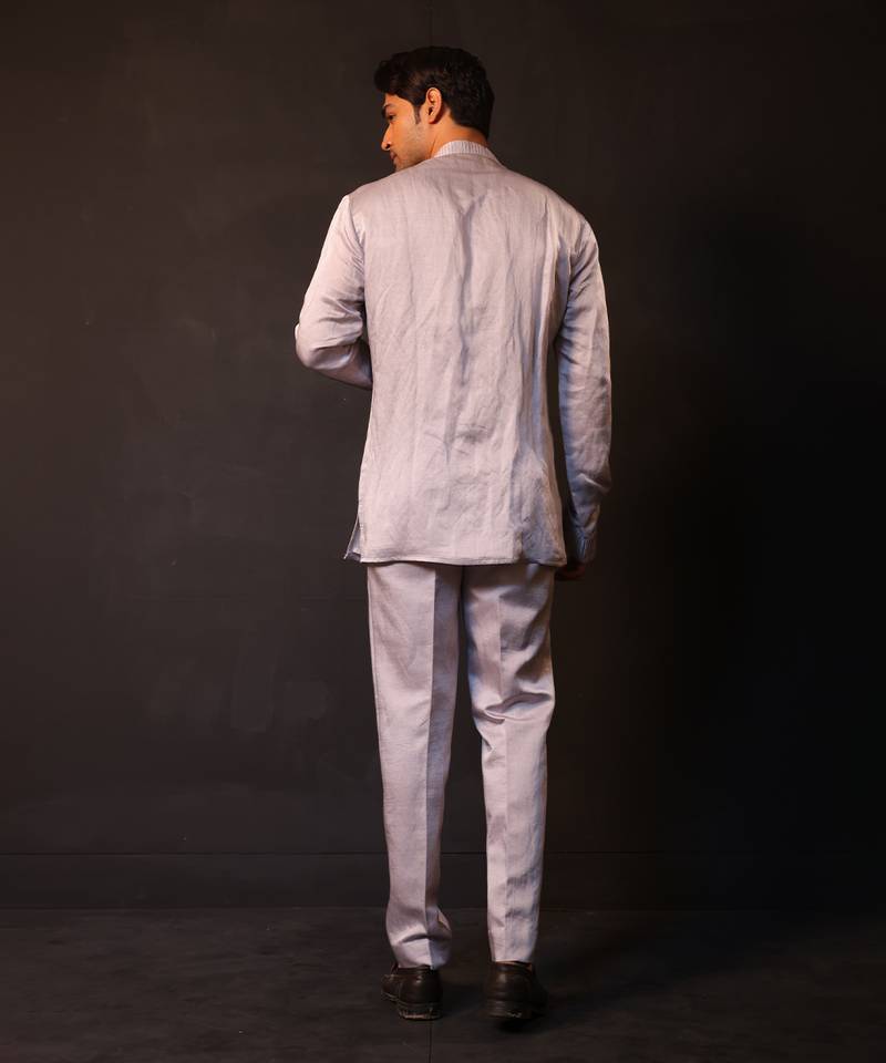 Silver grey embroidered chanderi silk kurta set