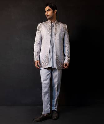 Silver grey embroidered linen satin bandhgala set 1