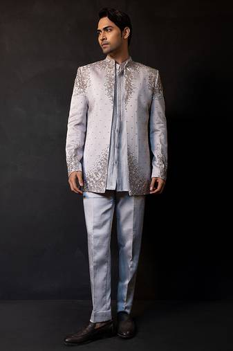 Silver grey embroidered linen satin bandhgala set