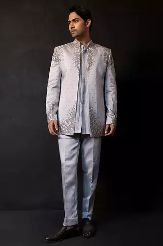 Silver grey embroidered linen satin bandhgala set