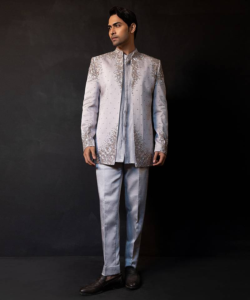 Silver grey embroidered linen satin bandhgala set