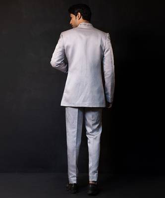 Silver grey embroidered linen satin bandhgala set 3