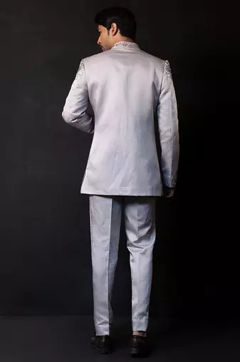Silver grey embroidered linen satin bandhgala set