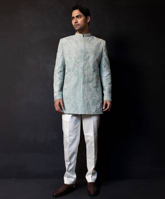 Ice blue embroidered linen satin bandhgala and pant 1