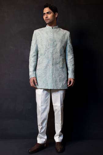 Ice blue embroidered linen satin bandhgala and pant
