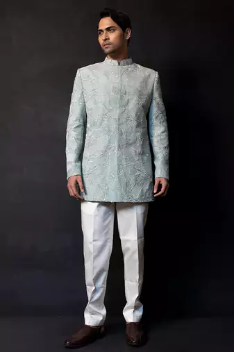 Ice blue embroidered linen satin bandhgala and pant