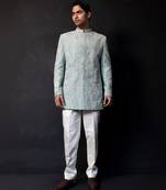 Ice blue embroidered linen satin bandhgala and pant