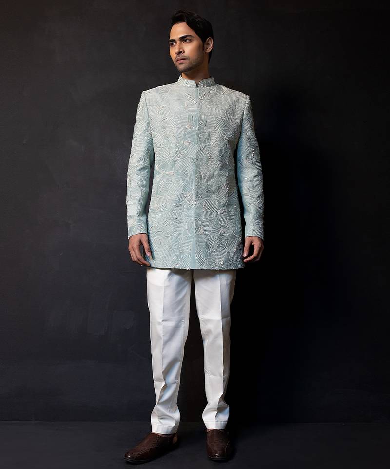 Ice blue embroidered linen satin bandhgala and pant