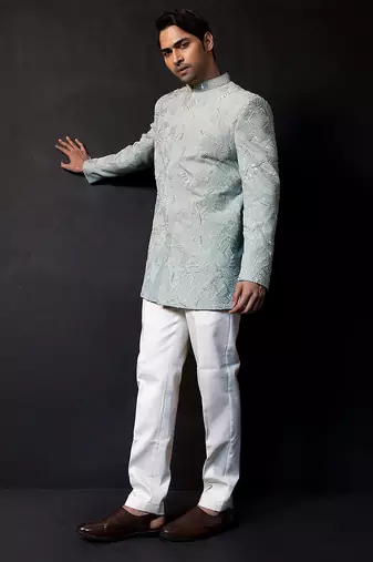 Ice blue embroidered linen satin bandhgala and pant