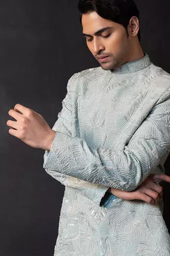 Ice blue embroidered linen satin bandhgala and pant