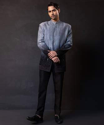 Grey black embroidered linen satin bandhgala and pant 1
