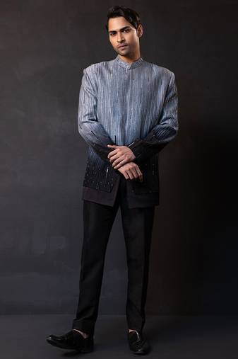 Grey black embroidered linen satin bandhgala and pant