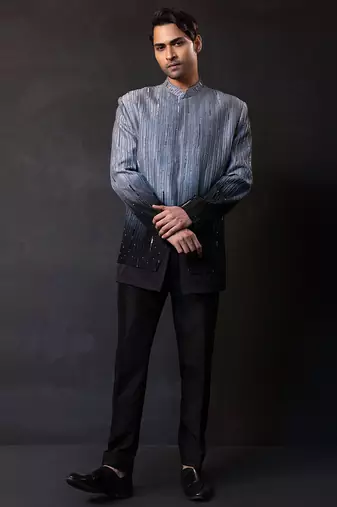 Grey black embroidered linen satin bandhgala and pant