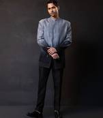 Grey black embroidered linen satin bandhgala and pant