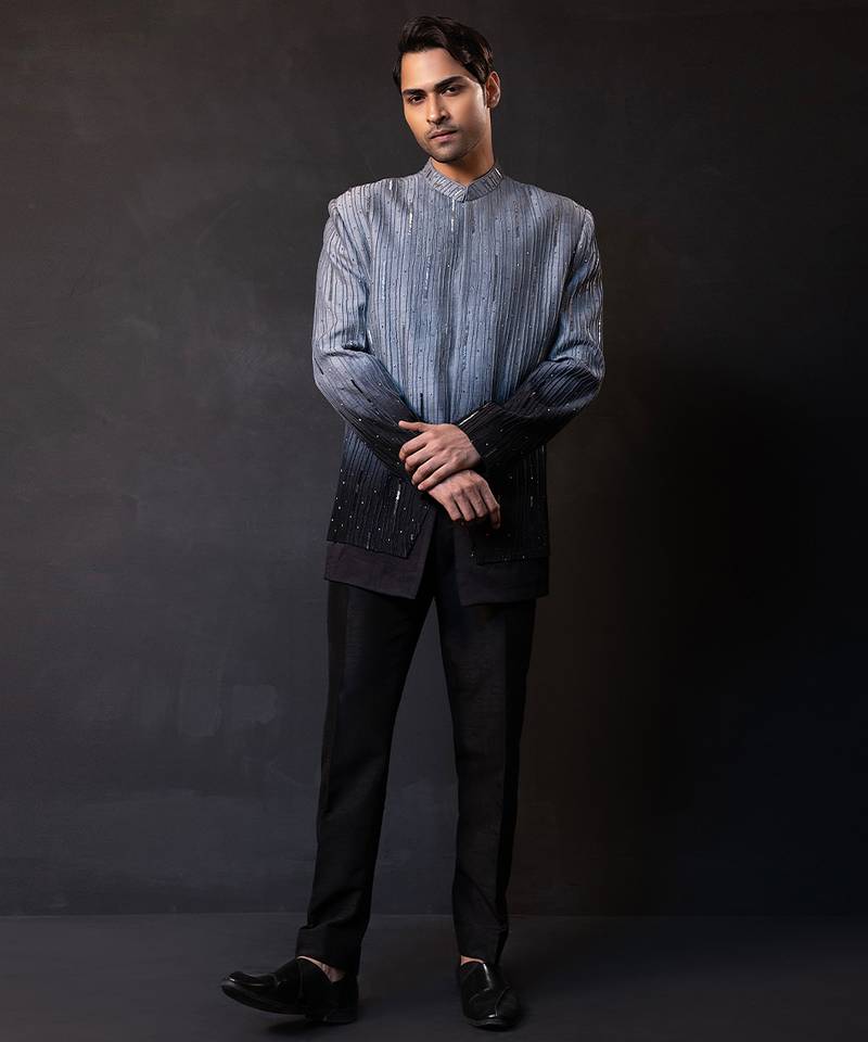 Grey black embroidered linen satin bandhgala and pant