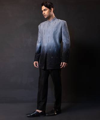 Grey black embroidered linen satin bandhgala and pant 2