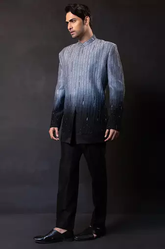 Grey black embroidered linen satin bandhgala and pant